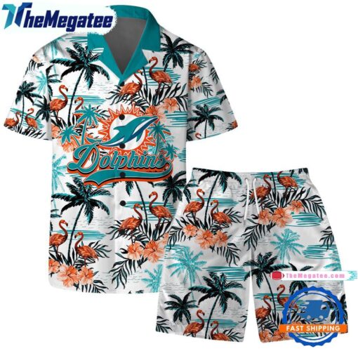 NFL Miami Dolphins Football Team Logo Pattern Flamingo Hibiscus Hawaiian Shirt And Beach Short