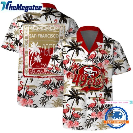 NFL San Francisco 49ers Football Team Logo Pattern Flamingo Hibiscus Hawaiian Shirt And Beach Short