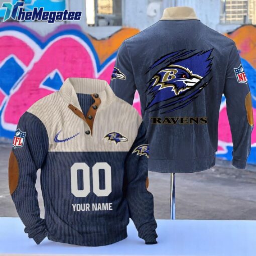 Personalized NFL Baltimore Ravens Football Team Custom Name And Number Buttoned Collar Sweatshirt