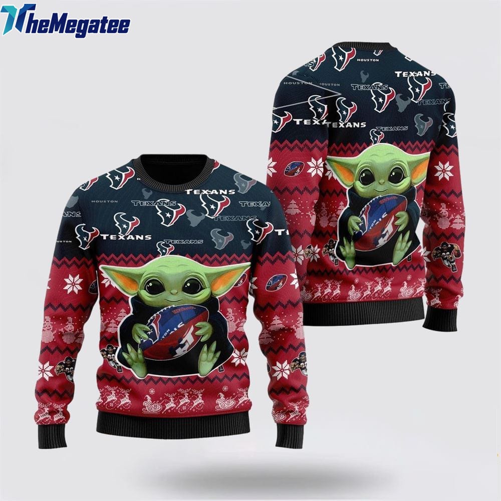 NFL Houston Texans Ugly Christmas Sweater Cute Baby Yoda Football Unisex Sweater NFL Houston Texans Ugly Christmas Sweater Cute Baby Yoda Football Unisex Sweater