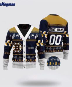 Personalized NHL Boston Bruins Elk Pattern Ugly Christmas Sweater, Christmas Gift For Hockey Fans