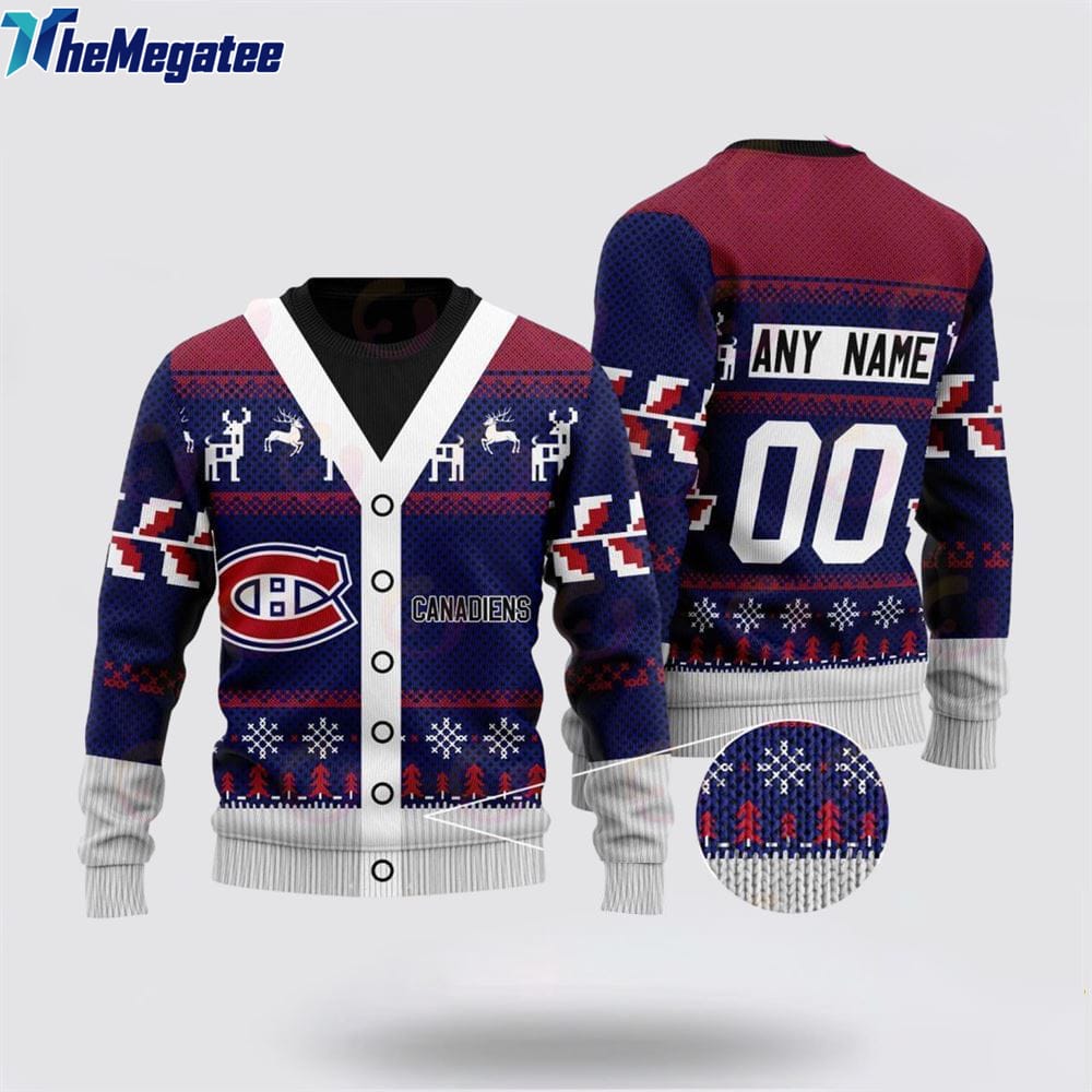Personalized NHL Montreal Canadiens Elk Pattern Ugly Christmas Sweater, Christmas Gift For Hockey Fans Personalized NHL Montreal Canadiens Elk Pattern Ugly Christmas Sweater, Christmas Gift For Hockey Fans