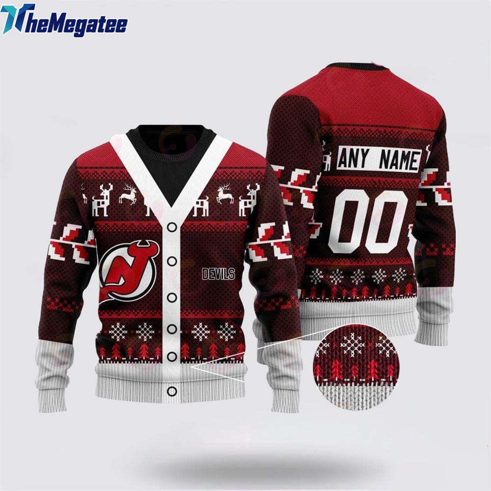 Personalized NHL New Jersey Devils Elk Pattern Ugly Christmas Sweater, Christmas Gift For Hockey Fans Personalized NHL New Jersey Devils Elk Pattern Ugly Christmas Sweater, Christmas Gift For Hockey Fans