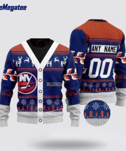 Personalized NHL New York Islanders Elk Pattern Ugly Christmas Sweater, Christmas Gift For Hockey Fans