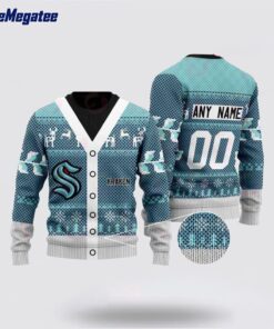 Personalized NHL Seattle Kraken Elk Pattern Ugly Christmas Sweater, Christmas Gift For Hockey Fans