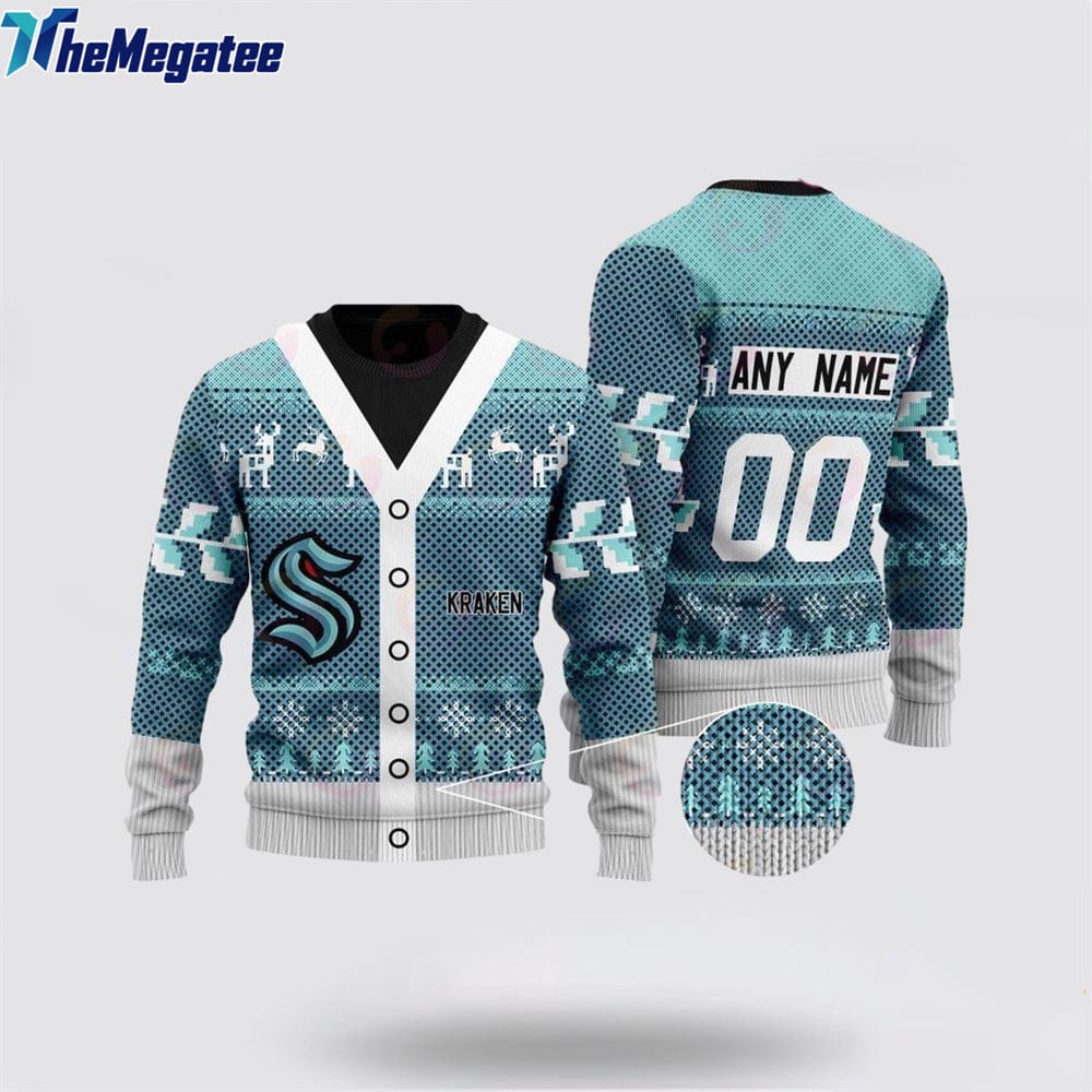 Personalized NHL Seattle Kraken Elk Pattern Ugly Christmas Sweater, Christmas Gift For Hockey Fans Personalized NHL Seattle Kraken Elk Pattern Ugly Christmas Sweater, Christmas Gift For Hockey Fans
