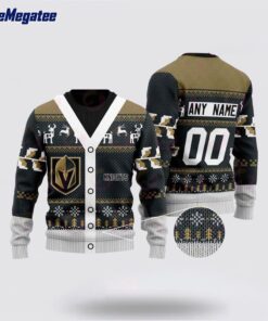 Personalized NHL Vegas Golden Knights Elk Pattern Ugly Christmas Sweater, Christmas Gift For Hockey Fans