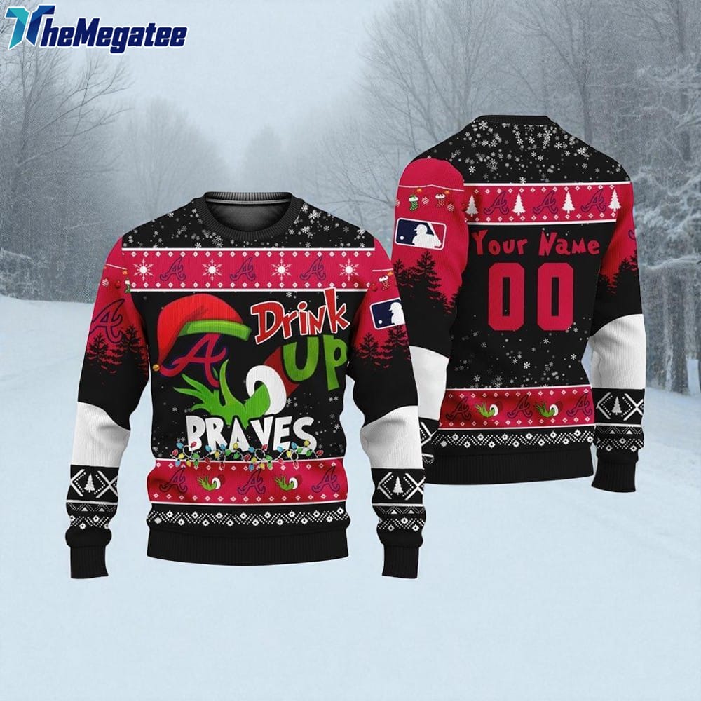 Custom MLB Atlanta Braves Grinch Drink Up Ugly Christmas Sweater