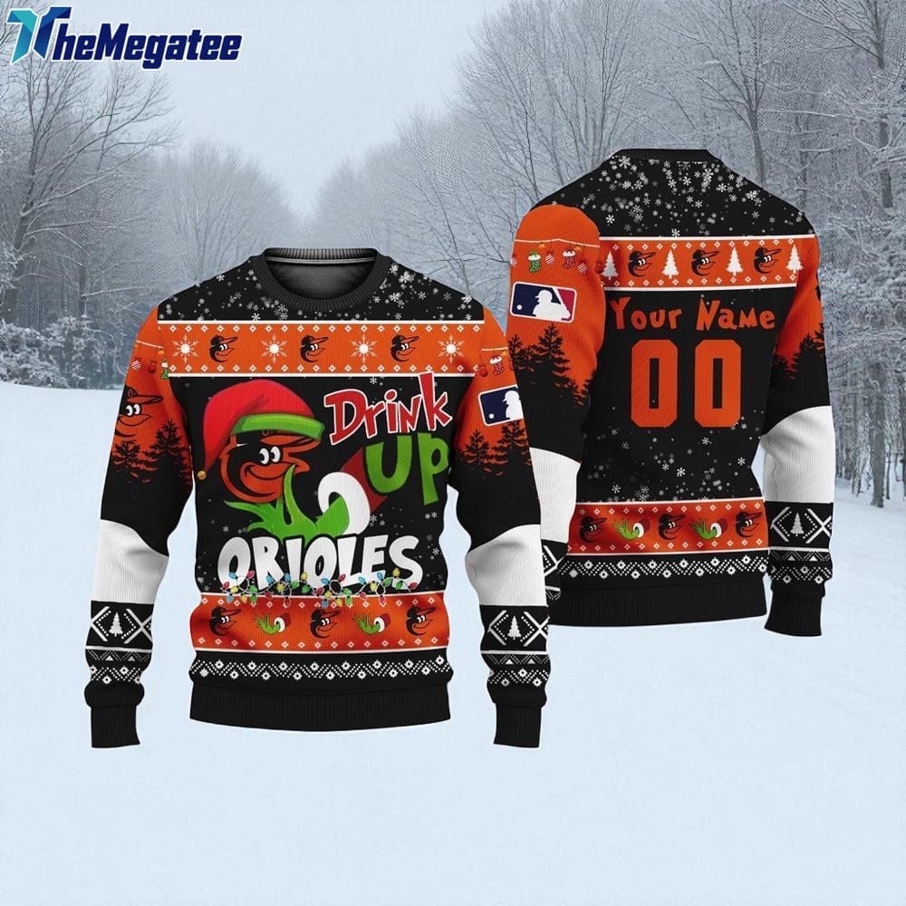 Custom MLB Baltimore Orioles Grinch Drink Up Ugly Christmas Sweater Custom MLB Baltimore Orioles Grinch Drink Up Ugly Christmas Sweater