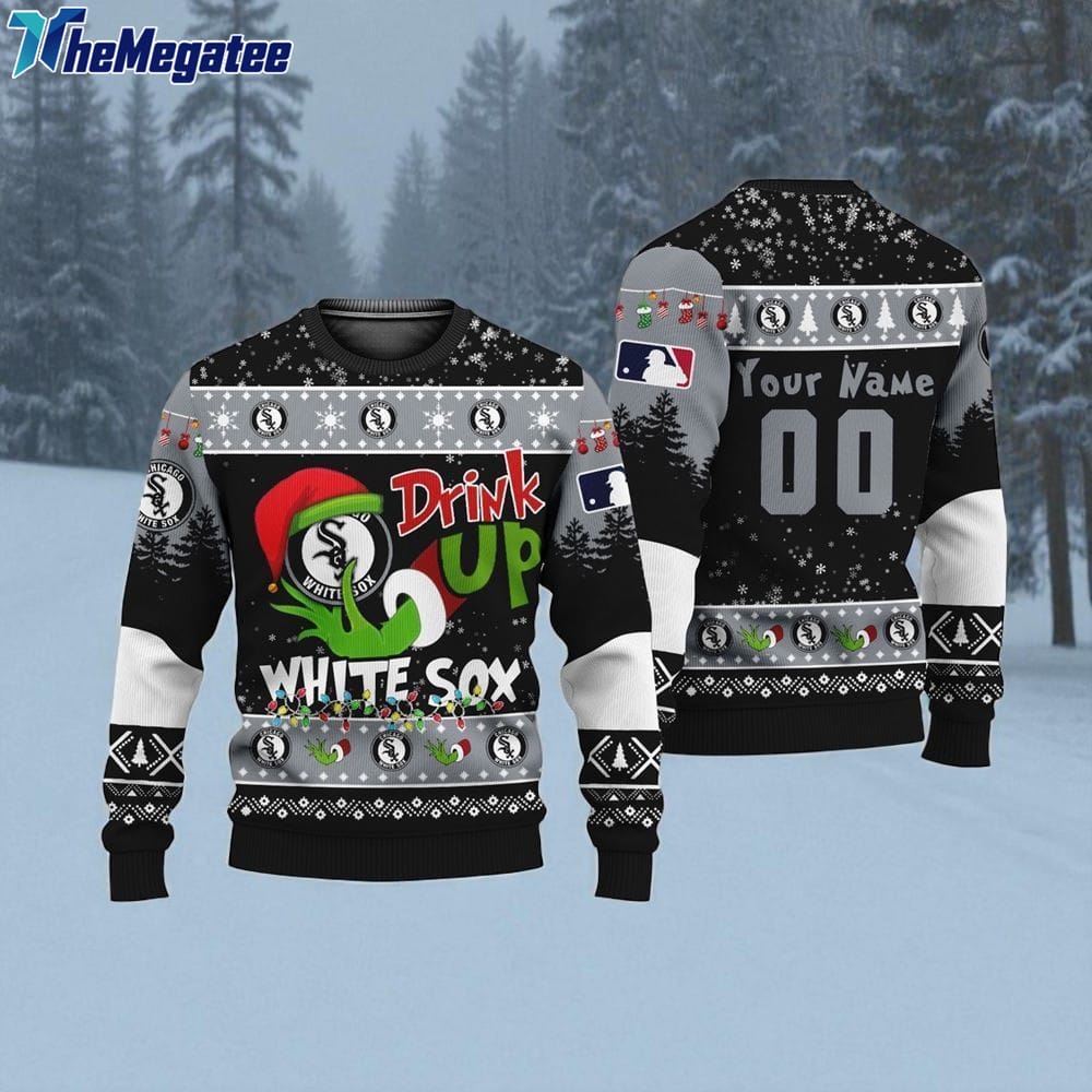 Custom MLB Chicago White Sox Grinch Drink Up Ugly Christmas Sweater Custom MLB Chicago White Sox Grinch Drink Up Ugly Christmas Sweater