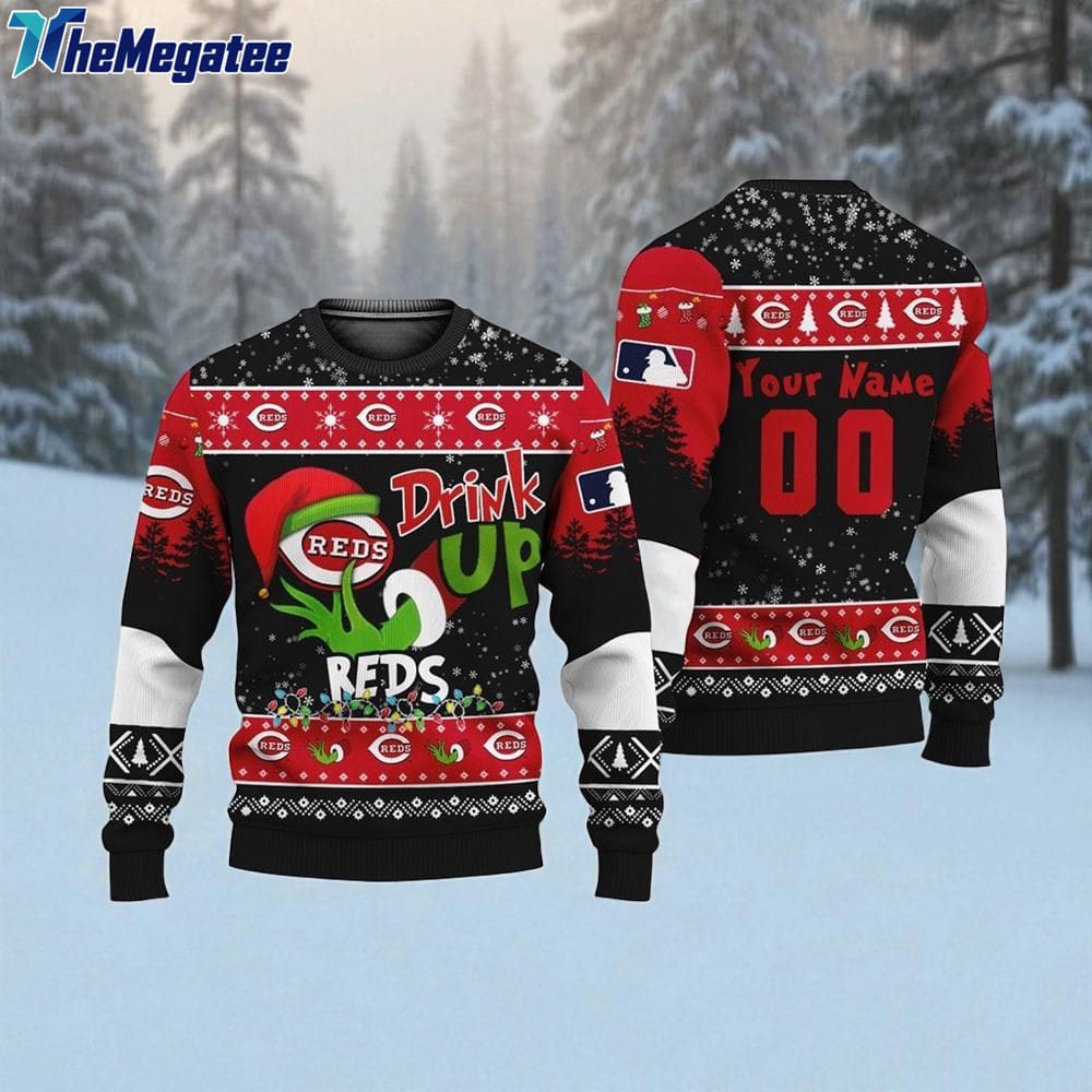 Custom MLB Cincinnati Reds Grinch Drink Up Ugly Christmas Sweater