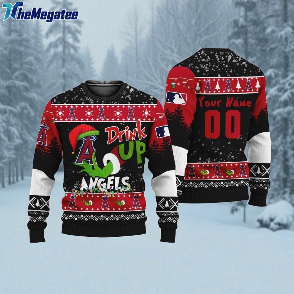 Custom MLB Los Angeles Angels Grinch Drink Up Ugly Christmas Sweater Custom MLB Los Angeles Angels Grinch Drink Up Ugly Christmas Sweater