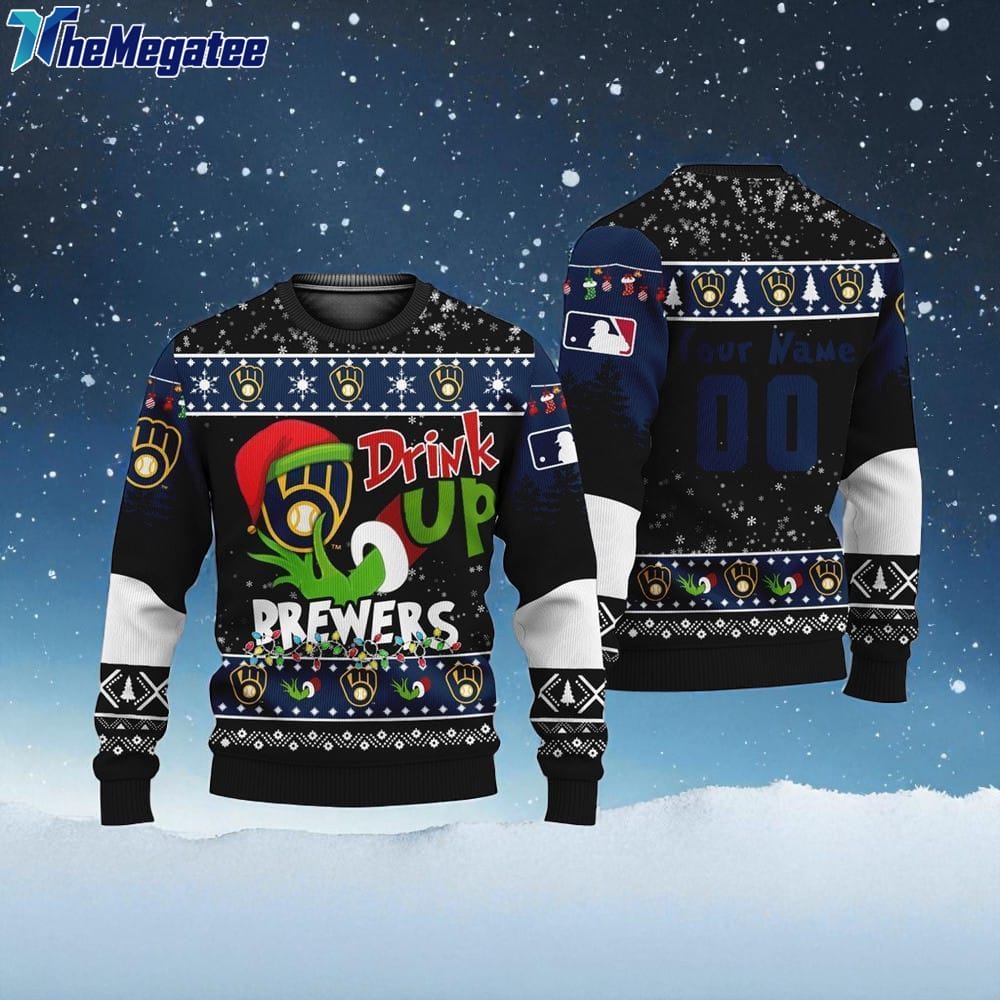 Custom MLB Milwaukee Brewers Grinch Drink Up Ugly Christmas Sweater Custom MLB Milwaukee Brewers Grinch Drink Up Ugly Christmas Sweater