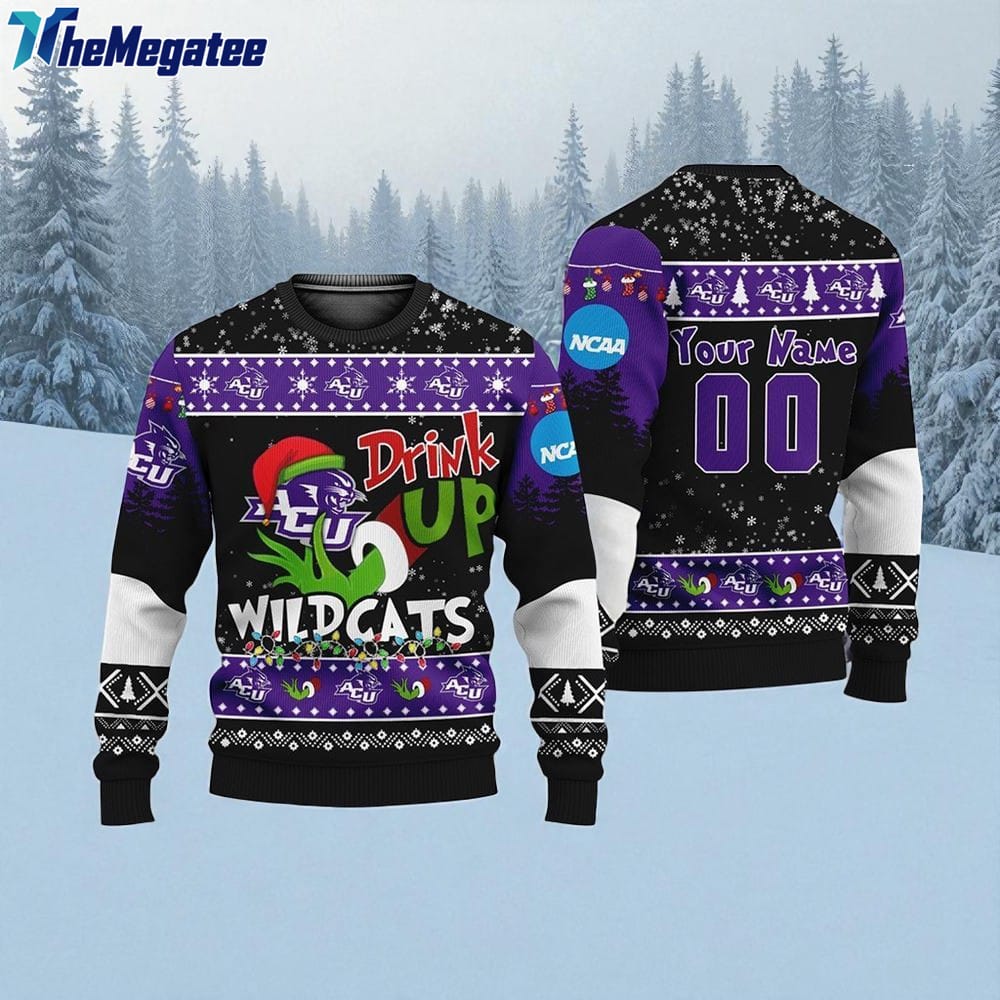 Custom NCAA Abilene Christian Wildcats Grinch Drink Up Ugly Christmas Sweater Custom NCAA Abilene Christian Wildcats Grinch Drink Up Ugly Christmas Sweater
