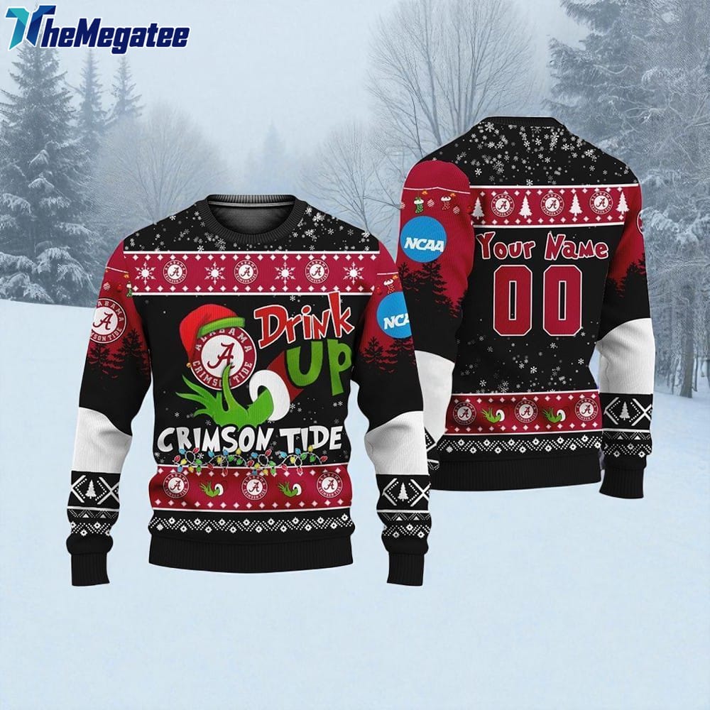 Custom NCAA Alabama Crimson Tide Grinch Drink Up Ugly Christmas Sweater Custom NCAA Alabama Crimson Tide Grinch Drink Up Ugly Christmas Sweater