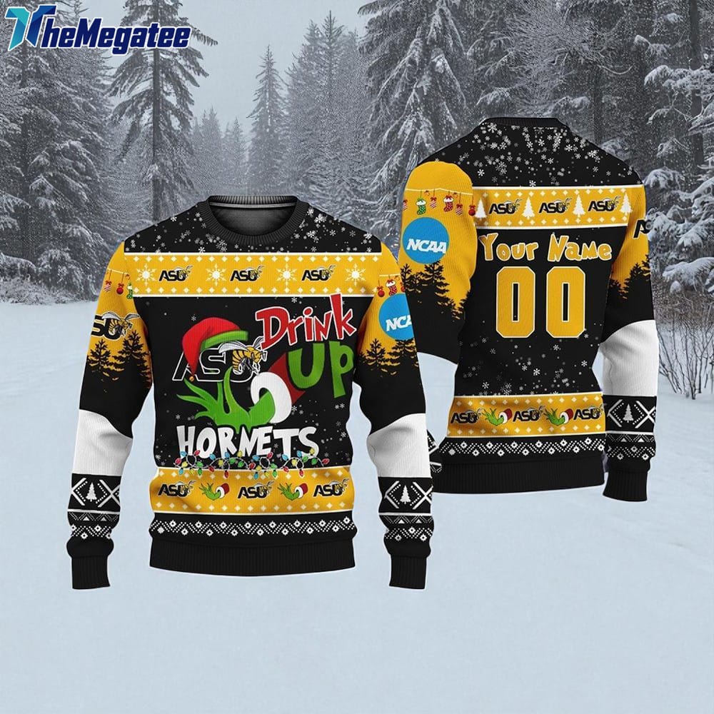 Custom NCAA Alabama State Hornets Grinch Drink Up Ugly Christmas Sweater Custom NCAA Alabama State Hornets Grinch Drink Up Ugly Christmas Sweater