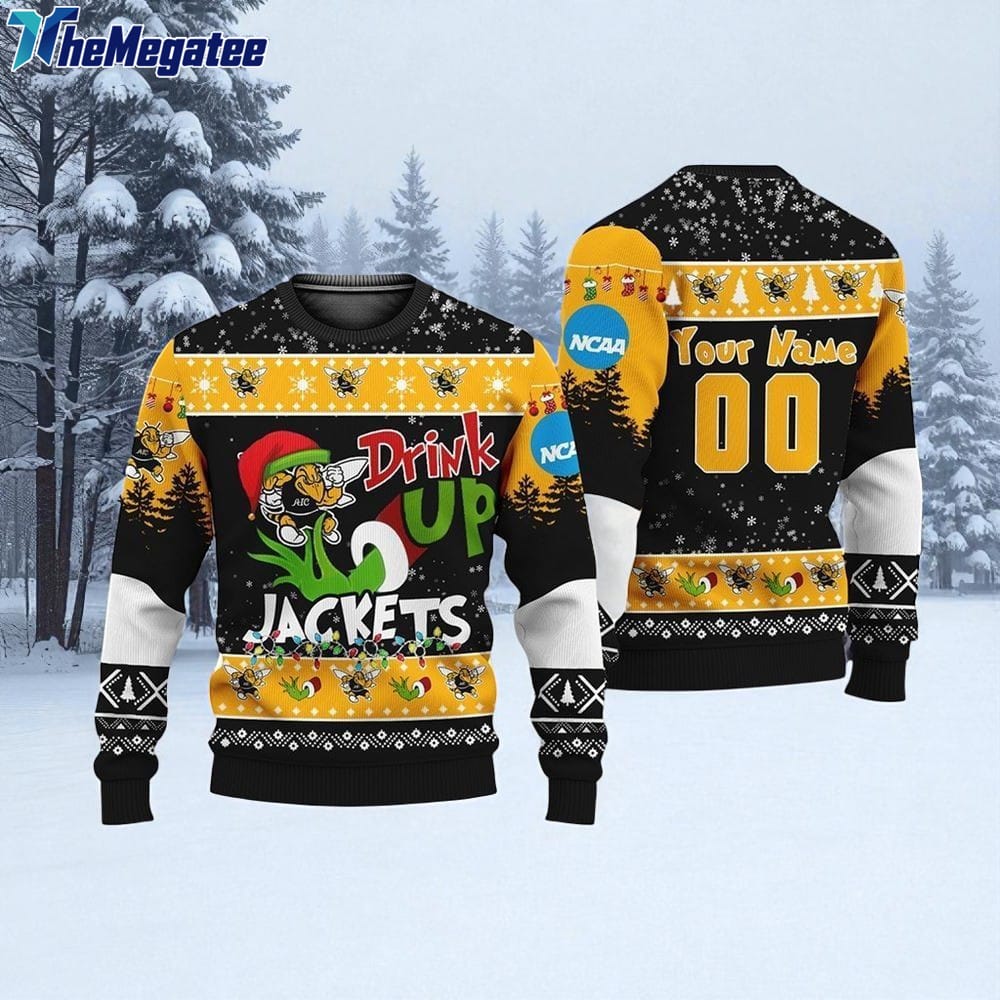 Custom NCAA Georgia Tech Yellow Jackets Grinch Drink Up Ugly Christmas Sweater Custom NCAA Georgia Tech Yellow Jackets Grinch Drink Up Ugly Christmas Sweater