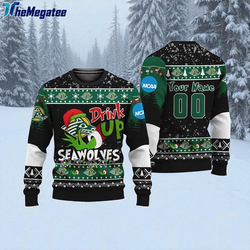 Custom NCAA Stony Brook Seawolves Grinch Drink Up Ugly Christmas Sweater Custom NCAA Stony Brook Seawolves Grinch Drink Up Ugly Christmas Sweater