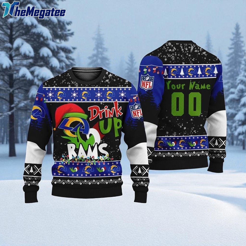 Custom NFL Los Angeles Rams Grinch Drink Up Ugly Christmas Sweater Custom NFL Los Angeles Rams Grinch Drink Up Ugly Christmas Sweater