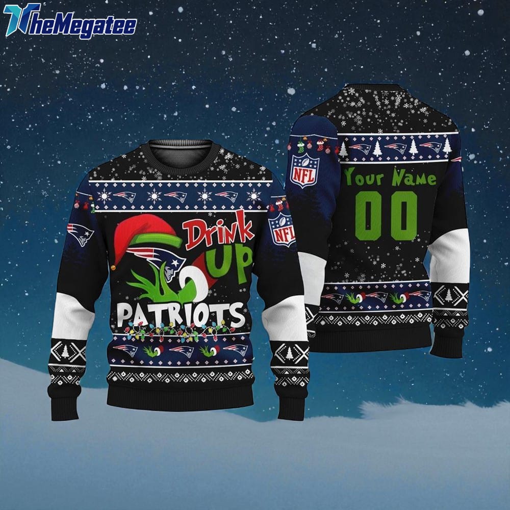Custom NFL New England Patriots Grinch Drink Up Ugly Christmas Sweater Custom NFL New England Patriots Grinch Drink Up Ugly Christmas Sweater