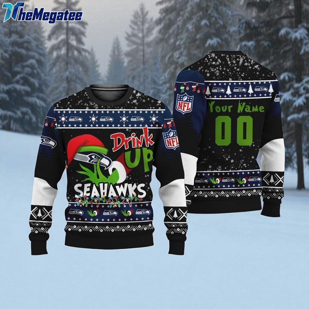 Custom NFL Seattle Seahawks Grinch Drink Up Ugly Christmas Sweater Custom NFL Seattle Seahawks Grinch Drink Up Ugly Christmas Sweater