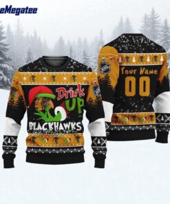Custom NHL Chicago Blackhawks Grinch Drink Up Ugly Christmas Sweater