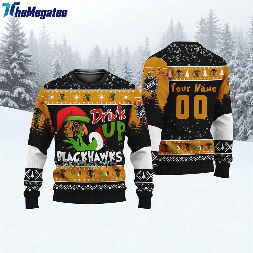 Custom NHL Chicago Blackhawks Grinch Drink Up Ugly Christmas Sweater Custom NHL Chicago Blackhawks Grinch Drink Up Ugly Christmas Sweater