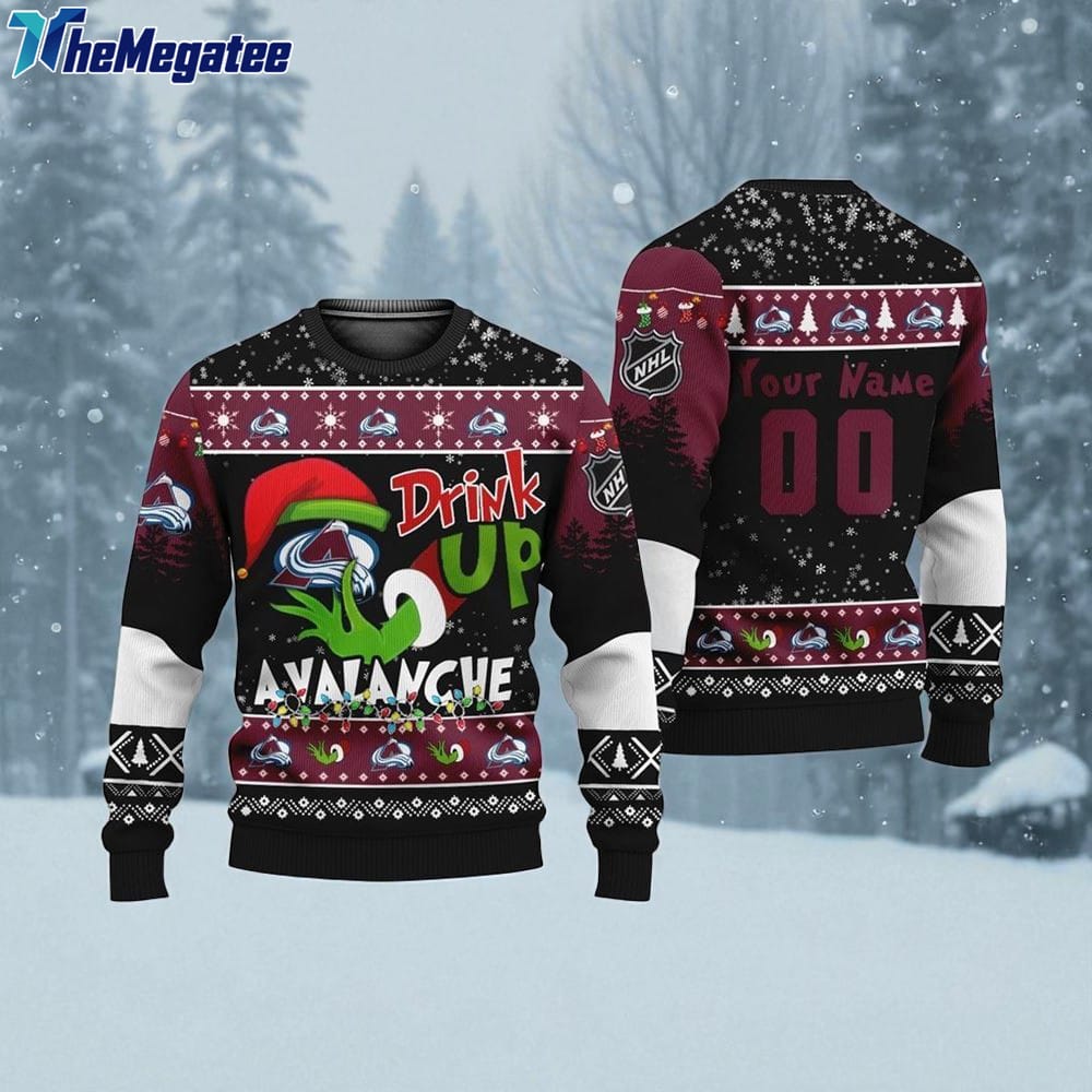 Custom NHL Colorado Avalanche Grinch Drink Up Ugly Christmas Sweater Custom NHL Colorado Avalanche Grinch Drink Up Ugly Christmas Sweater