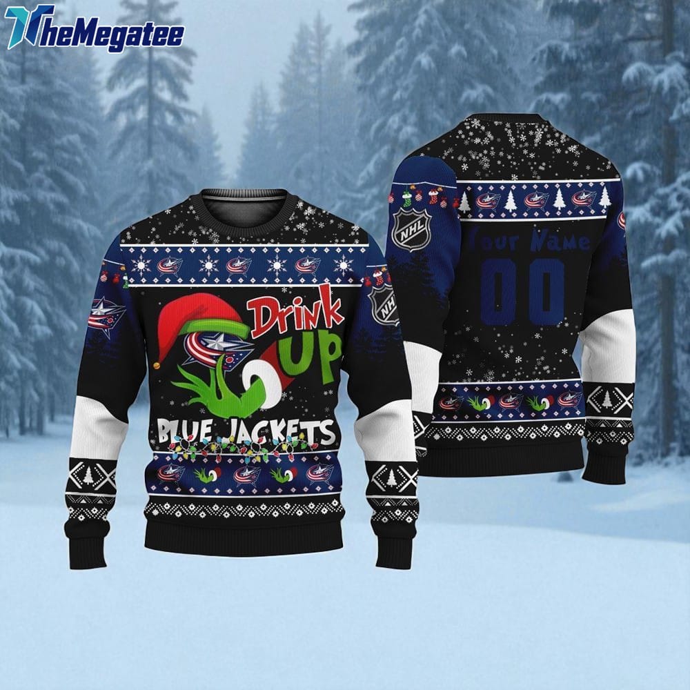Custom NHL Columbus Blue Jackets Grinch Drink Up Ugly Christmas Sweater Custom NHL Columbus Blue Jackets Grinch Drink Up Ugly Christmas Sweater