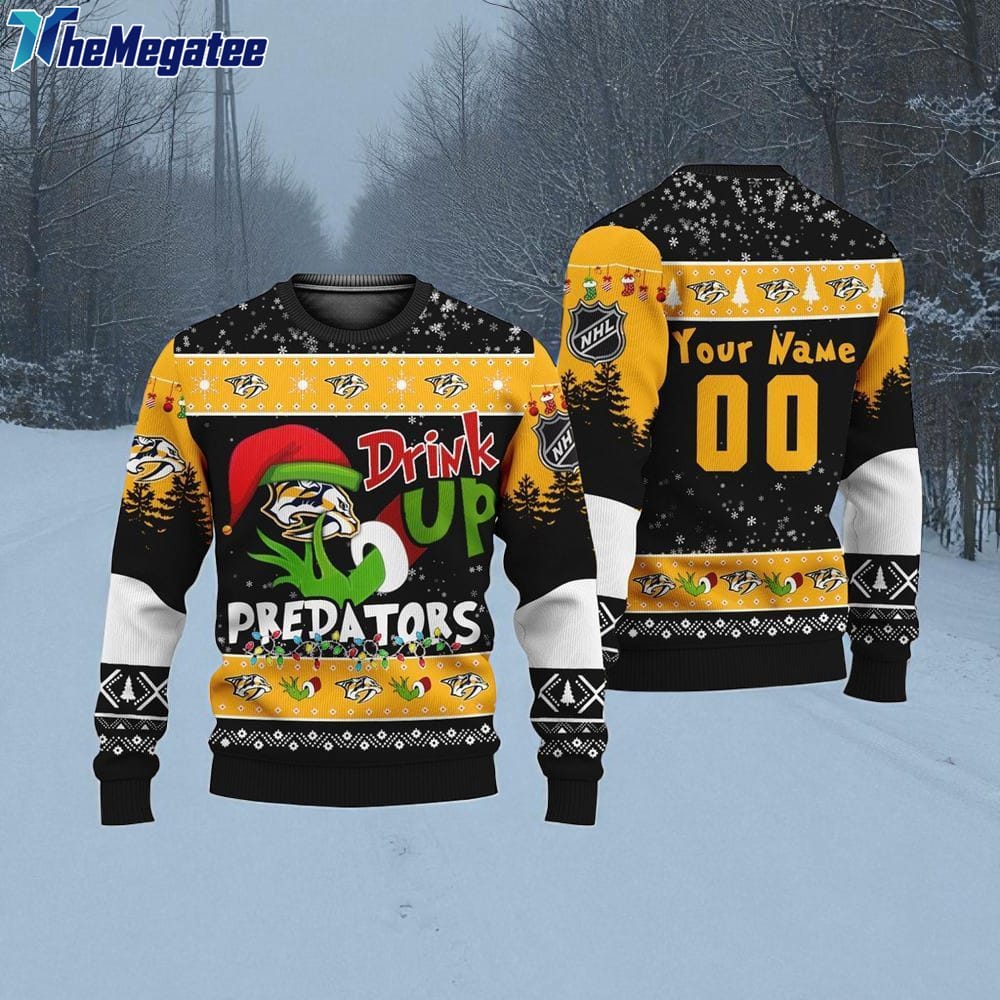 Custom NHL Nashville Predators Grinch Drink Up Ugly Christmas Sweater Custom NHL Nashville Predators Grinch Drink Up Ugly Christmas Sweater