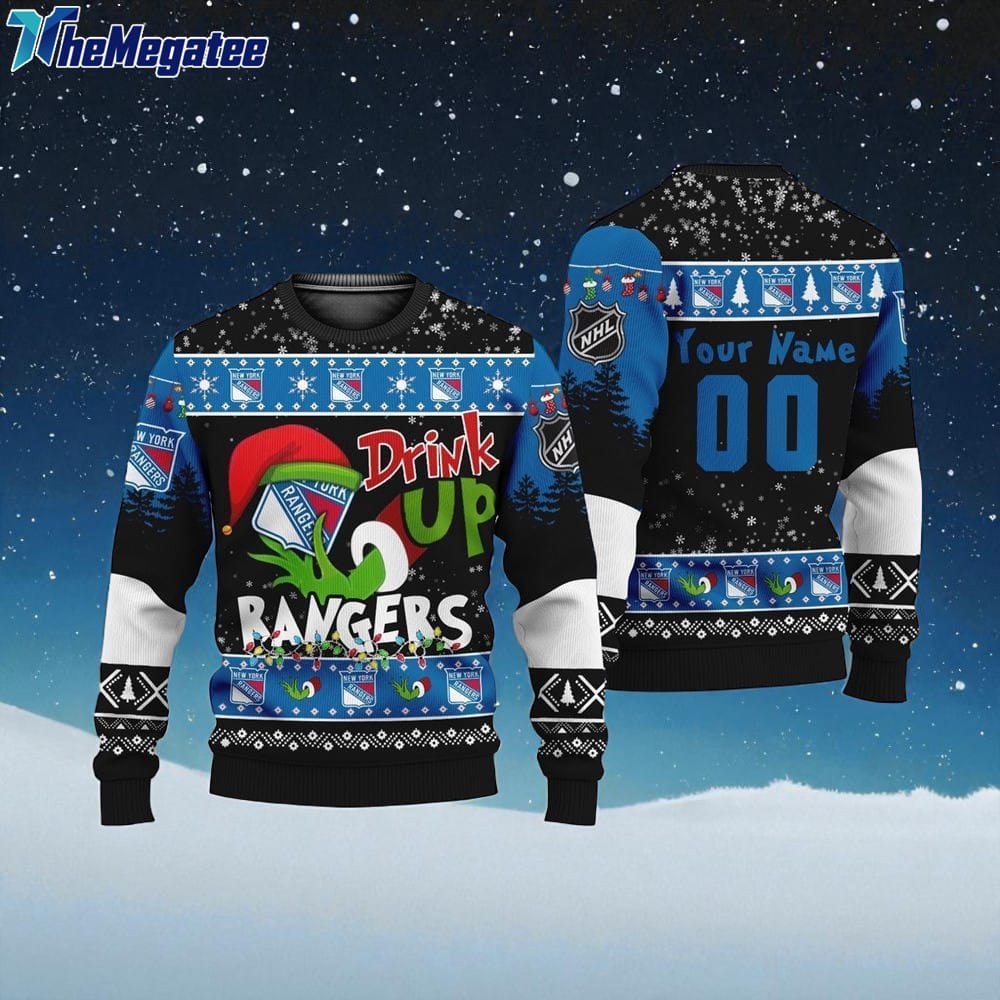 Custom NHL New York Rangers Grinch Drink Up Ugly Christmas Sweater Custom NHL New York Rangers Grinch Drink Up Ugly Christmas Sweater
