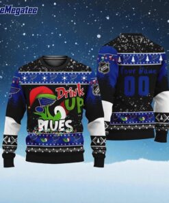 Custom NHL St. Louis Blues Grinch Drink Up Ugly Christmas Sweater