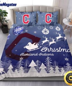 MLB Cleveland Indians Bedding Sets Santa Claus Sleigh And Reindeer Christmas Quilt Bedding Sets 2025