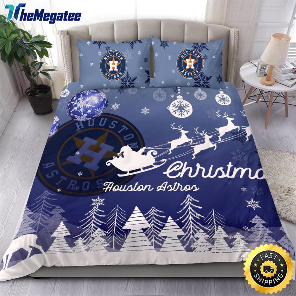 MLB Houston Astros Bedding Sets Santa Claus Sleigh And Reindeer Christmas Quilt Bedding Sets 2025