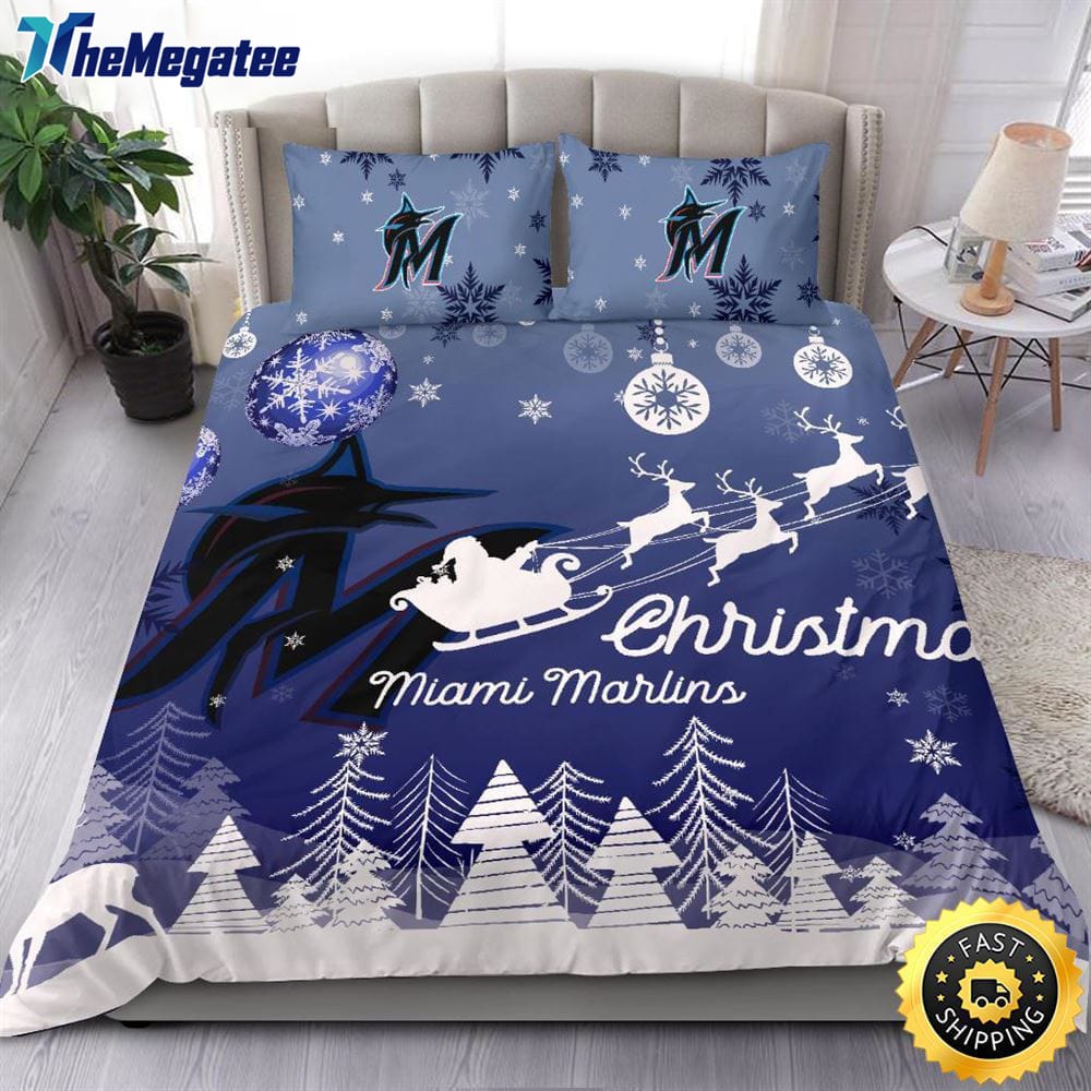 MLB Miami Marlins Bedding Sets Santa Claus Sleigh And Reindeer Christmas Quilt Bedding Sets 2025