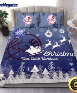 MLB New York Yankees Bedding Sets Santa Claus Sleigh And Reindeer Christmas Quilt Bedding Sets 2025