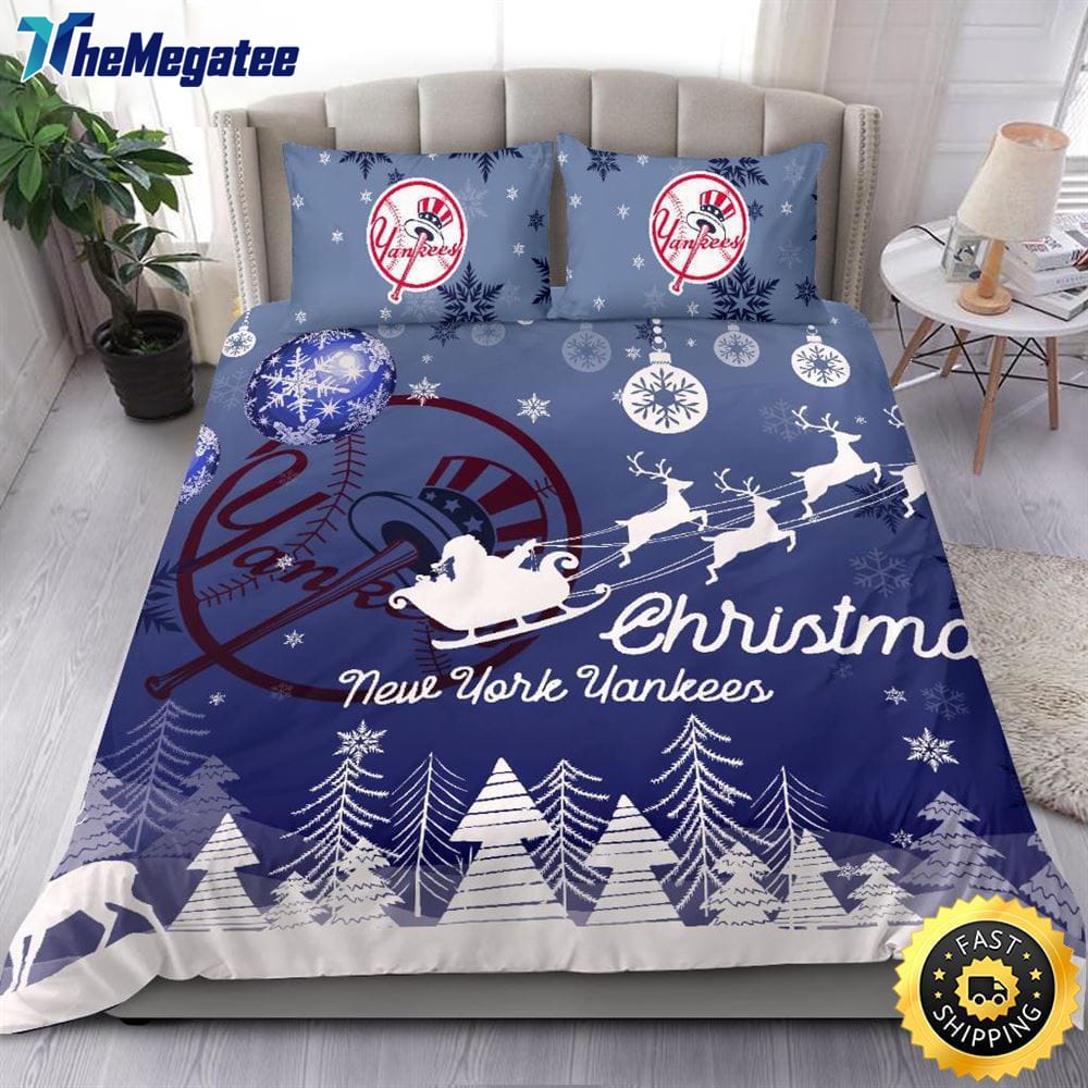 MLB New York Yankees Bedding Sets Santa Claus Sleigh And Reindeer Christmas Quilt Bedding Sets 2025
