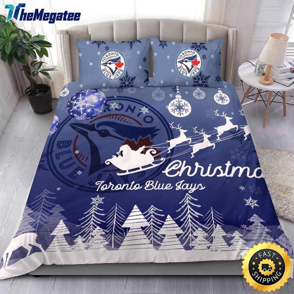 MLB Toronto Blue Jays Bedding Sets Santa Claus Sleigh And Reindeer Christmas Quilt Bedding Sets 2025