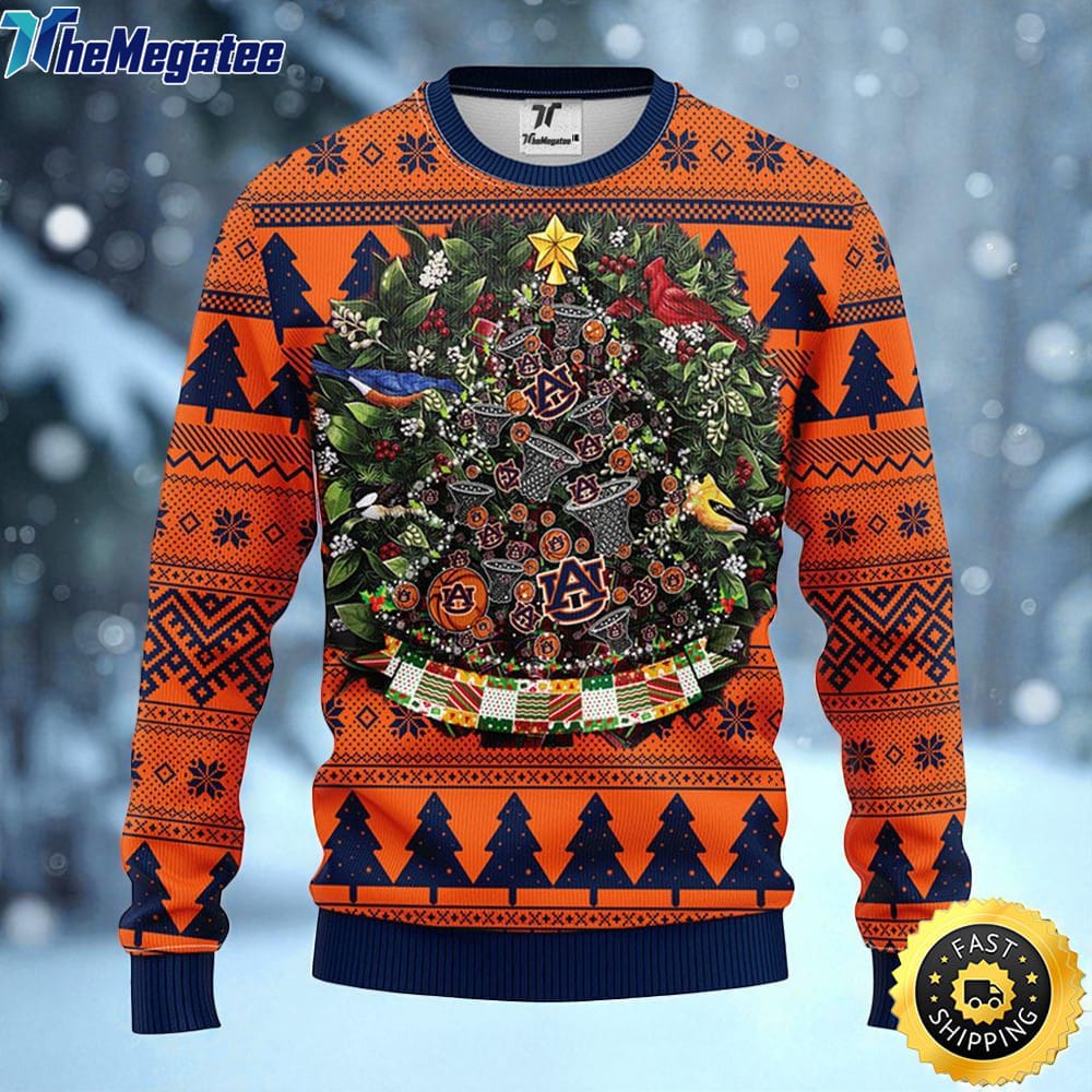 NCAA Auburn Tigers Ugly Christmas Sweater Ball Pine Tree, NCAA Christmas Sweater