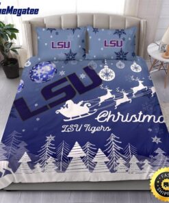 NCAA LSU Tigers Bedding Sets Santa Claus Sleigh And Reindeer Christmas Quilt Bedding Sets 2025