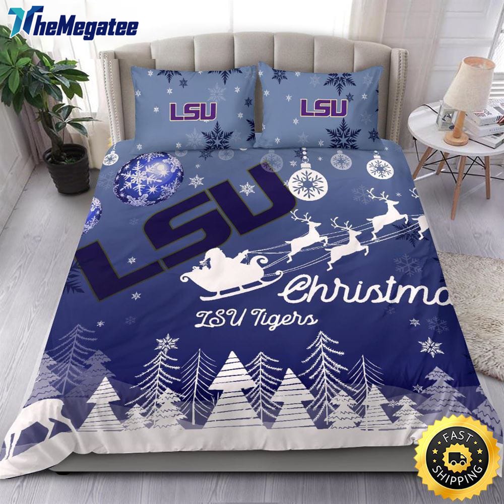 NCAA LSU Tigers Bedding Sets Santa Claus Sleigh And Reindeer Christmas Quilt Bedding Sets 2025