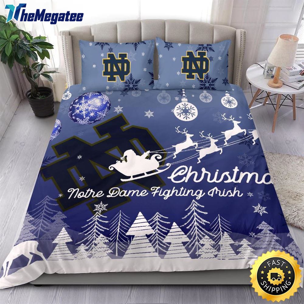 NCAA Notre Dame Fighting Irish Bedding Sets Santa Claus Sleigh And Reindeer Christmas Quilt Bedding Sets 2025 NCAA Notre Dame Fighting Irish Bedding Sets Santa Claus Sleigh And Reindeer Christmas Quilt Bedding Sets 2025