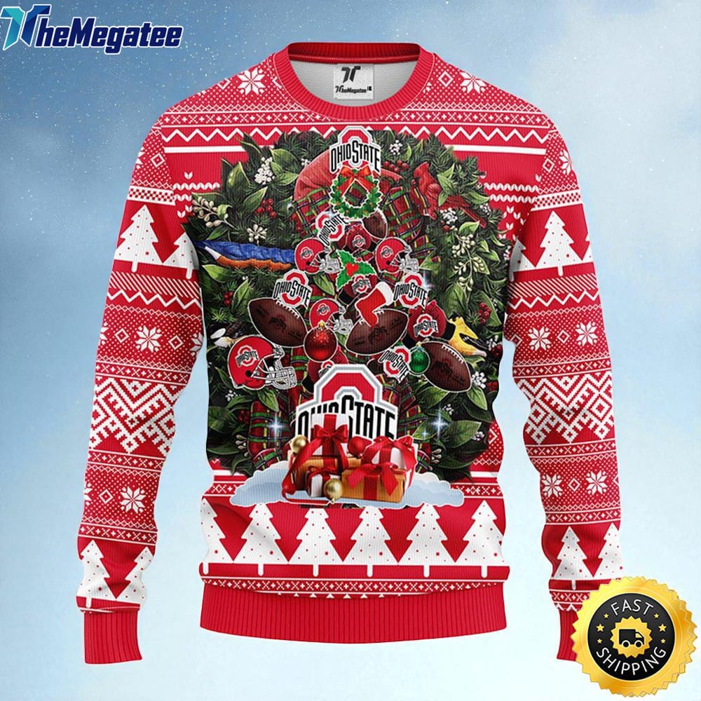 NCAA Ohio State Buckeyes Ugly Christmas Sweater Ball Pine Tree, NCAA Christmas Sweater