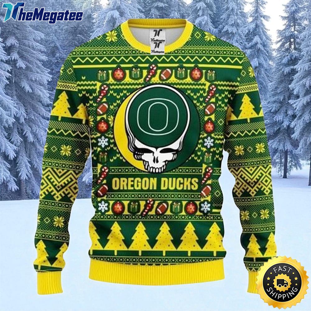 NCAA Oregon Ducks Ugly Christmas Sweater The Intelligence Of The Skull Unisex Sweater For Fans NCAA Oregon Ducks Ugly Christmas Sweater The Intelligence Of The Skull Unisex Sweater For Fans
