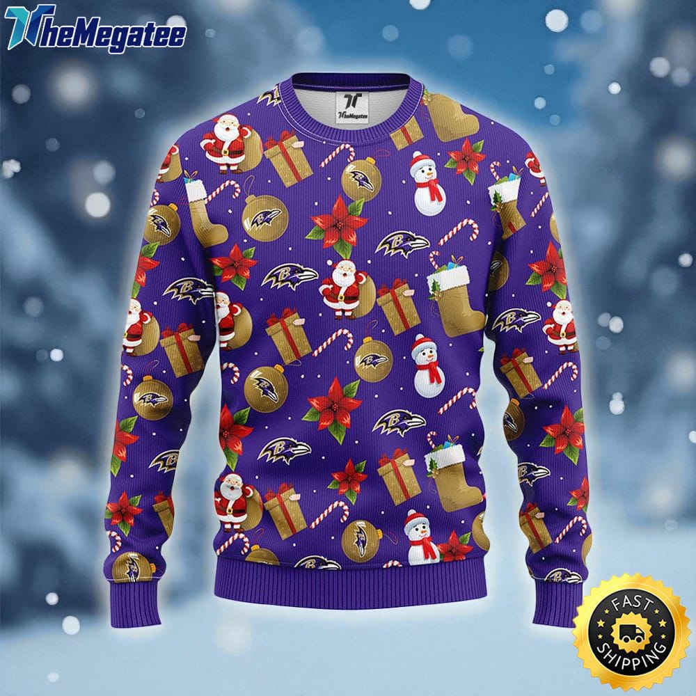 NFL Baltimore Ravens Ugly Sweater Santa Claus Snowman Ugly Christmas Sweater For Fans NFL Baltimore Ravens Ugly Sweater Santa Claus Snowman Ugly Christmas Sweater For Fans
