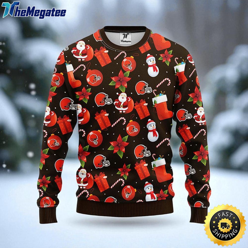 NFL Cleveland Browns Ugly Sweater Santa Claus Snowman Ugly Christmas Sweater For Fans NFL Cleveland Browns Ugly Sweater Santa Claus Snowman Ugly Christmas Sweater For Fans