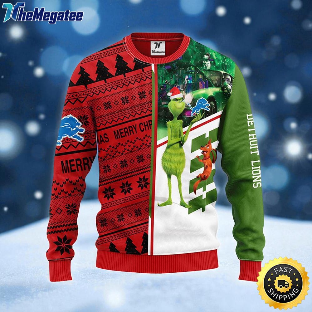 NFL Detroit Lions Ugly Sweater Grinch & Scooby Doo Ugly Christmas Sweater For Fans NFL Detroit Lions Ugly Sweater Grinch & Scooby Doo Ugly Christmas Sweater For Fans
