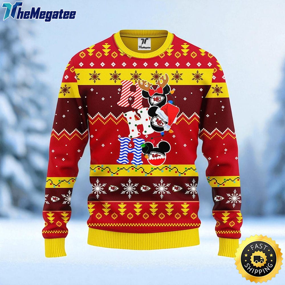 NFL Kansas City Chiefs Ugly Sweater HoHoHo Mickey Ugly Christmas Sweater For Fans NFL Kansas City Chiefs Ugly Sweater HoHoHo Mickey Ugly Christmas Sweater For Fans