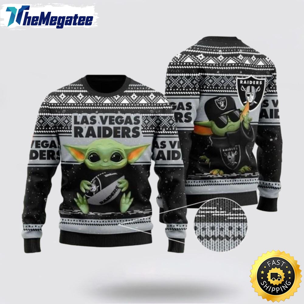 NFL Las Vegas Raiders Christmas Ugly Christmas Sweater Baby Yoda 3D Sweater NFL Las Vegas Raiders Christmas Ugly Christmas Sweater Baby Yoda 3D Sweater