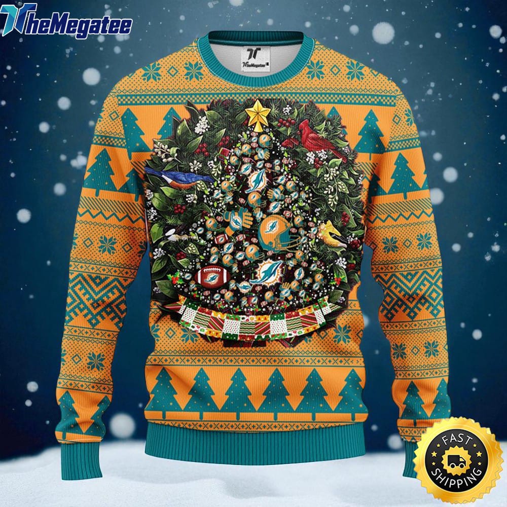 NFL Miami Dolphins Ugly Christmas Sweater Ball Pine Tree, NFL Christmas Sweater NFL Miami Dolphins Ugly Christmas Sweater Ball Pine Tree, NFL Christmas Sweater